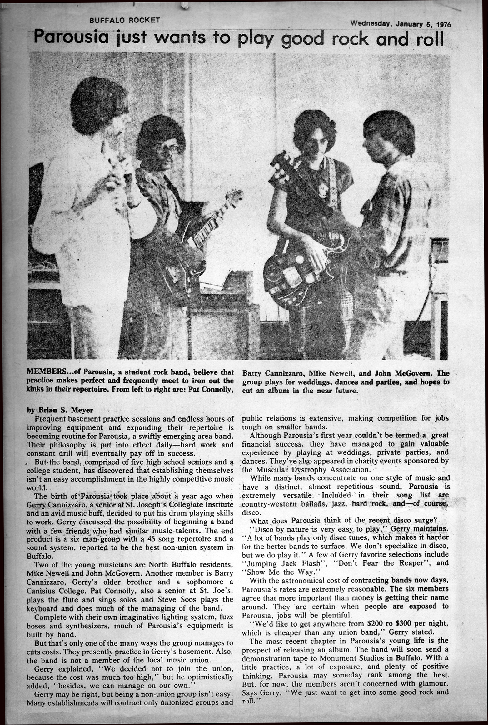 Parousia Band review in The Buffalo Rocket Newspaper January 5th 1976