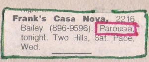 Parousia Franks Casa Nova, Friday, September 12th 1980