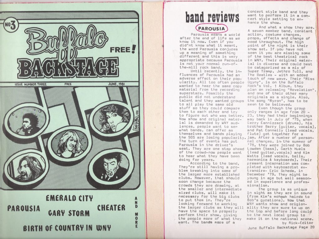 Band review of PAROUSIA featured in Buffalo Backstage Magazine, published June 1981