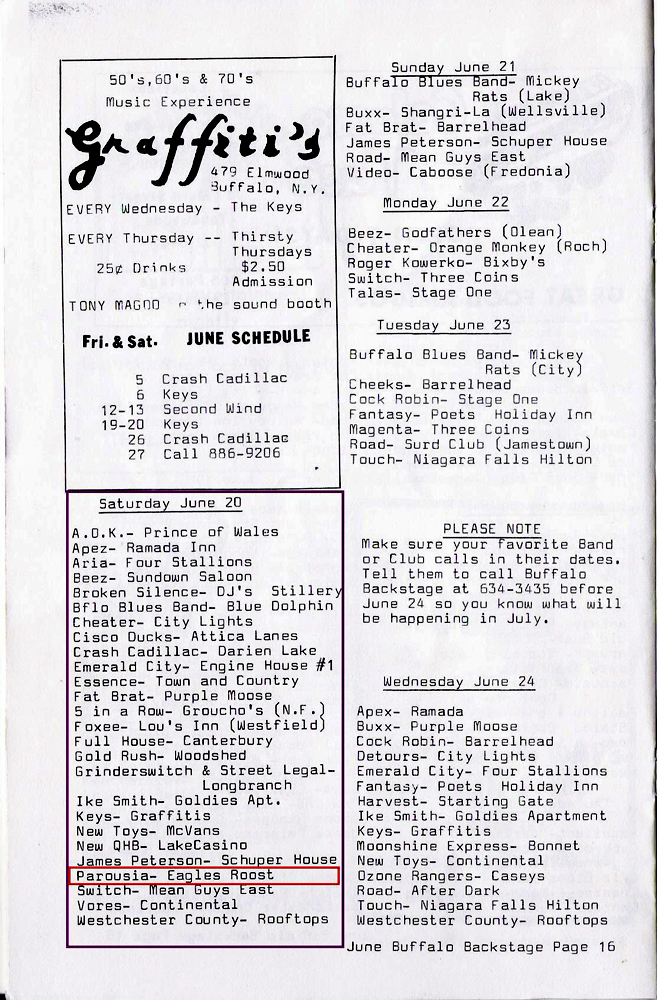 Buffalo Backstage Magazine – June Band Calendar 1981