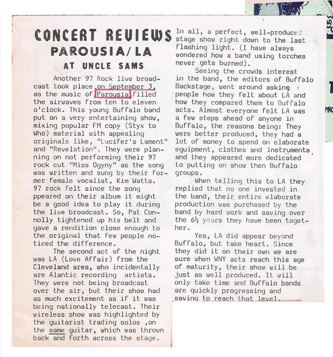 Buffalo Backstage Oct. Review of Uncle Sams Live Show Broadcast 09.03.1981