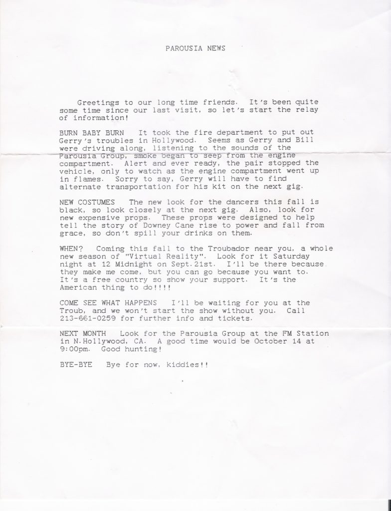 Parousia AUGUST 1991 Newsletter