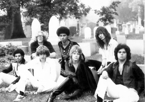 Patt Connolly, Kim Watts, Eric Scheda, Garth Huels, Bob Lowden - Parousia photo session at Forest Lawn Cemetery - August 1980 (photo by M. Falcowski)