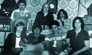 Patt Conolly, Kim Watts, Dave Maltbie, Garth Huels, Bob Lowden - Parousia photo session (Kim's basement) July 1979